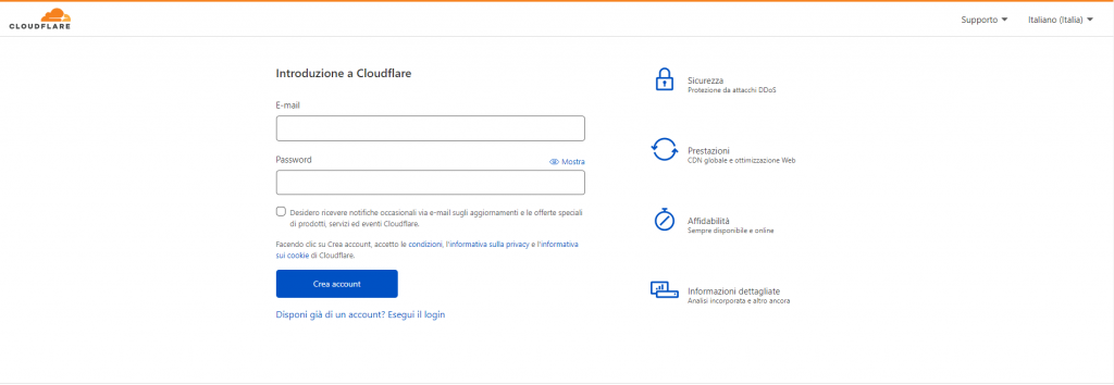 Registrazione Cloudflare