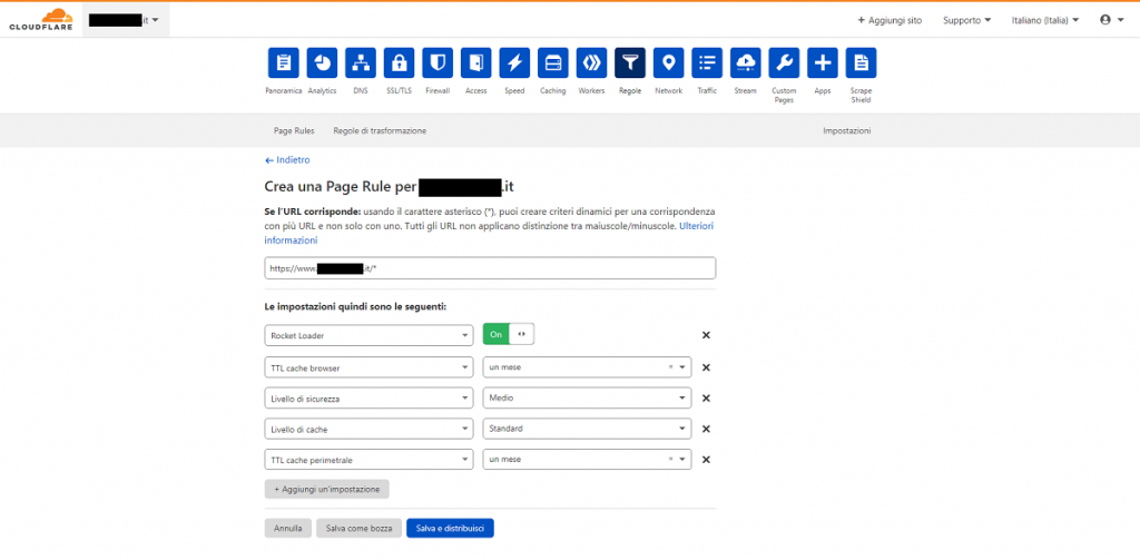 Impostazioni nuova regola frontend Per WordPress su Cloudflare