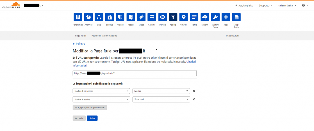 Impostazioni nuova regola backend su Cloudflare