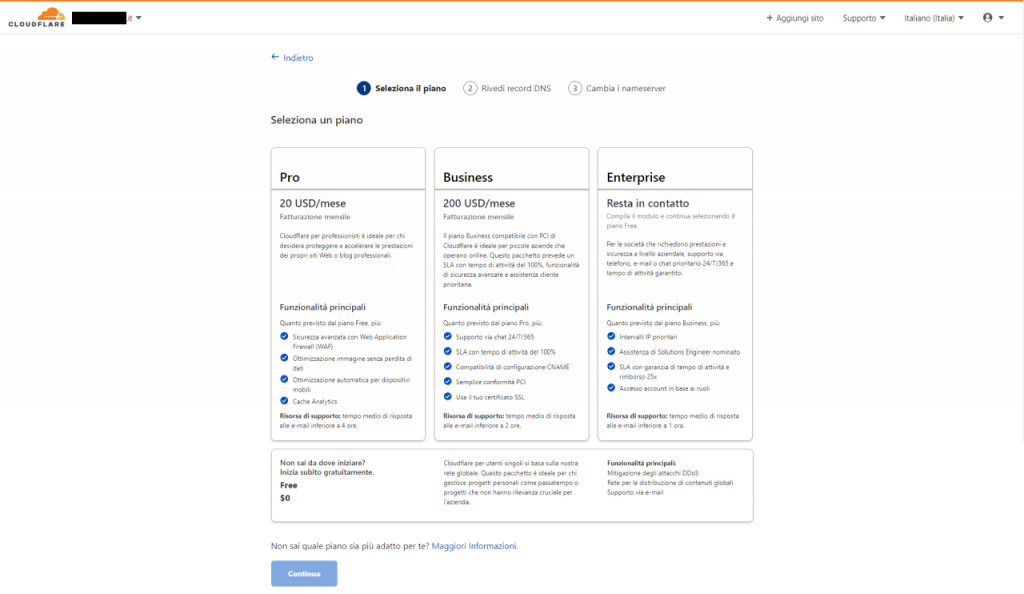 Seleziona piano Cloudflare