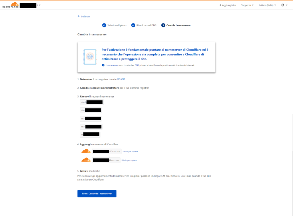 Configurare Cloudflare per un sito su Aruba - Nameserver