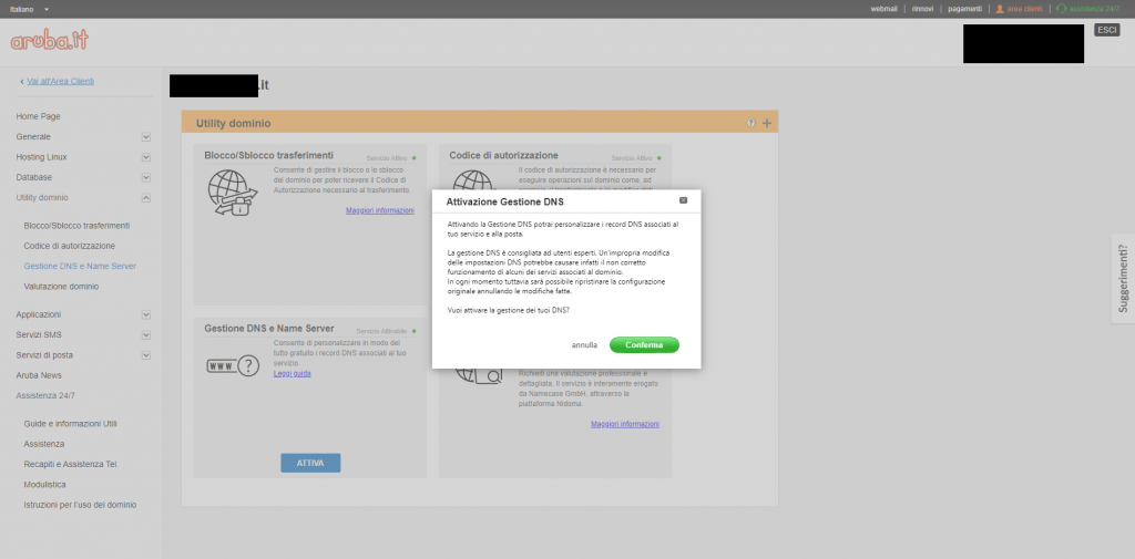 Attiva gestione DNS su Aruba