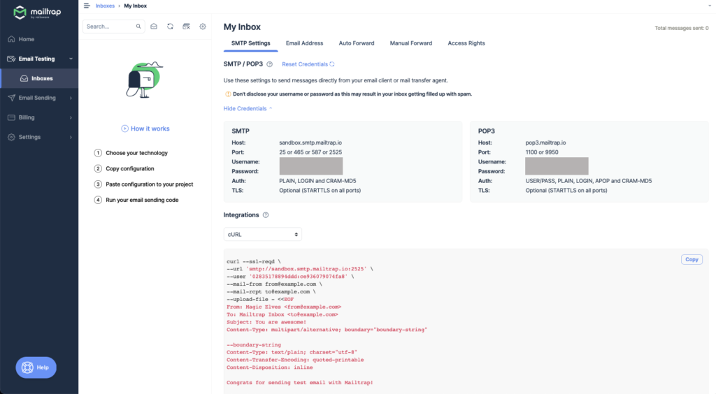 Mailtrap Email Testing - Show credentials