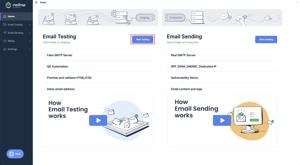Mailtrap Email Testing - Start testing