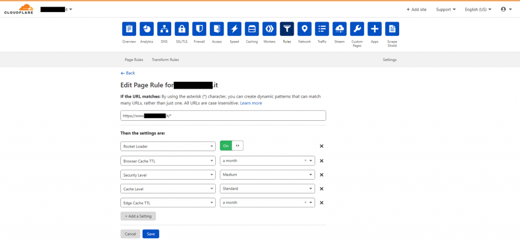 Cloudflare - Settings new rule frontend