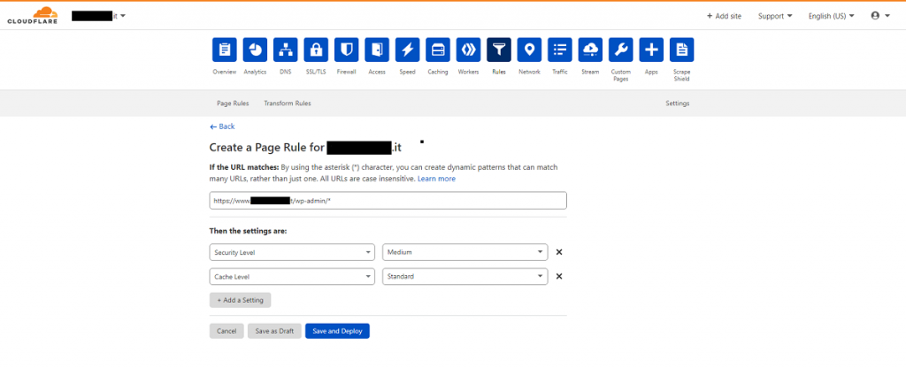 Cloudflare - Settings new rule backend